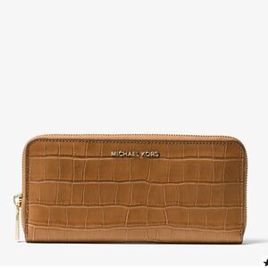 Michael Kors Brown Croc-Embossed Zip Wallet